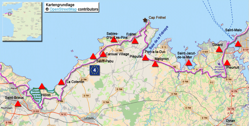 Karte zur Radtour auf dem EV4 von Dinard nach St. Brieuc