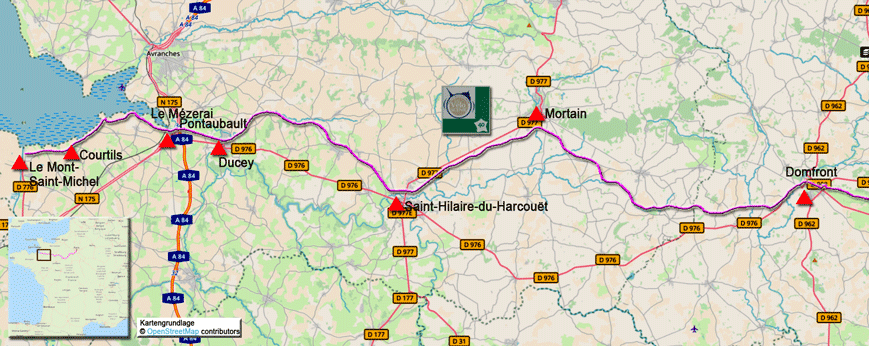 Karte zur Radtour auf dem FV40 von Domfront nach Le Mont-Saint-Michel