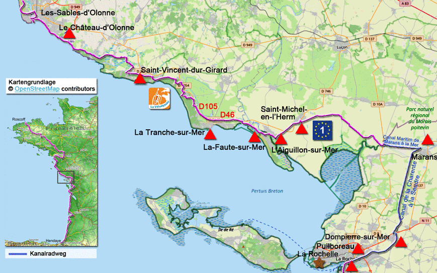 Karte zur Radtour auf dem Eurovelo 1 von Dompierre-sur-Mer nach Les-Sables-d'Olonne