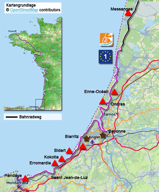 Karte zur Radtour auf dem Eurovelo 1 von Hendaye nach Messanges