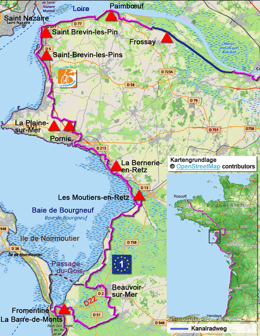 Karte zur Radtour auf dem Eurovelo 1 von La Barre-de-Monts nach Saint Brevin-les-Pin