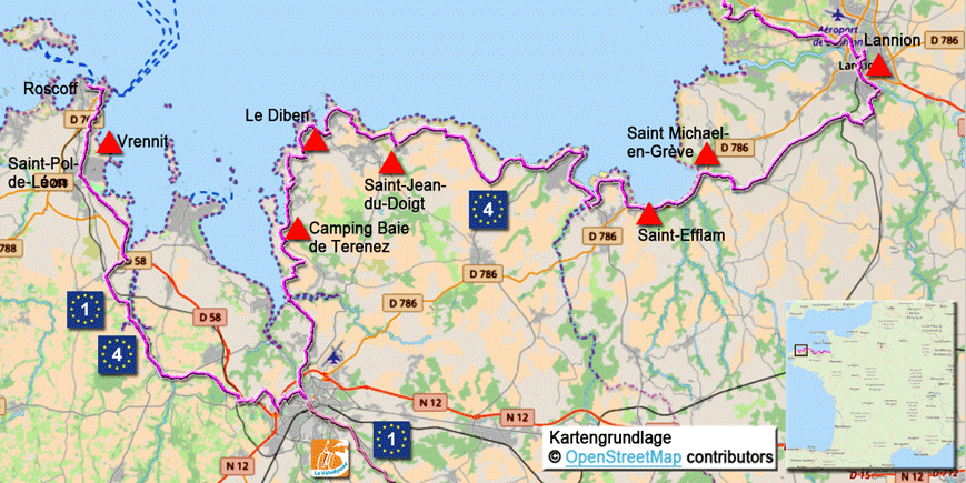 Karte zur Radtour auf dem EV4 von Lannion nach Roscoff