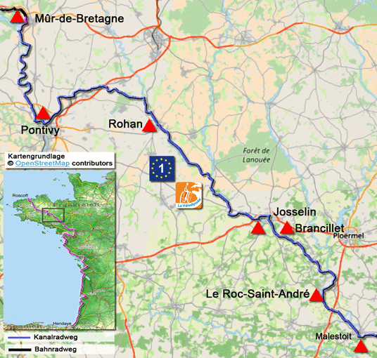 Karte zur Radtour auf dem Eurovelo 1 von Malestroit Mûr-de-Bretagne