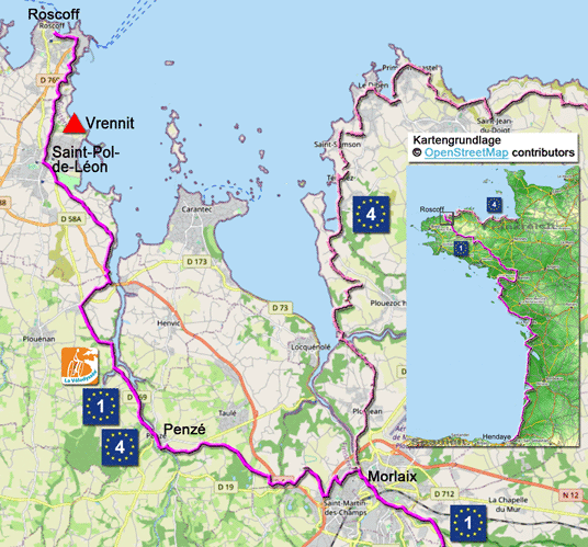 Karte zur Radtour auf dem Eurovelo 1 von Morlaix nach Roscoff