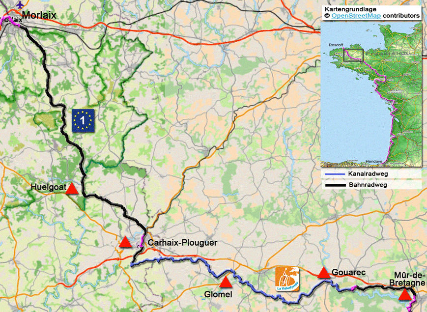 Karte zur Radtour auf dem Eurovelo 1 von Mûr-de-Bretagne nach Morlaix