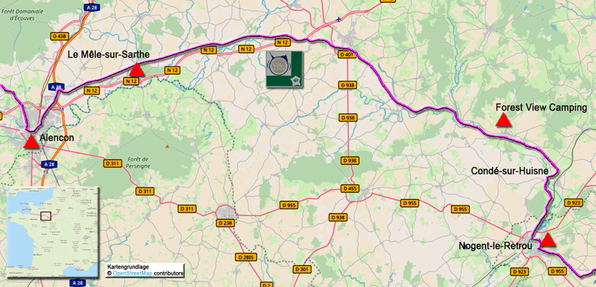 Karte zur Radtour auf dem FV40 von Nogent-le-Rotrou nach Alencon