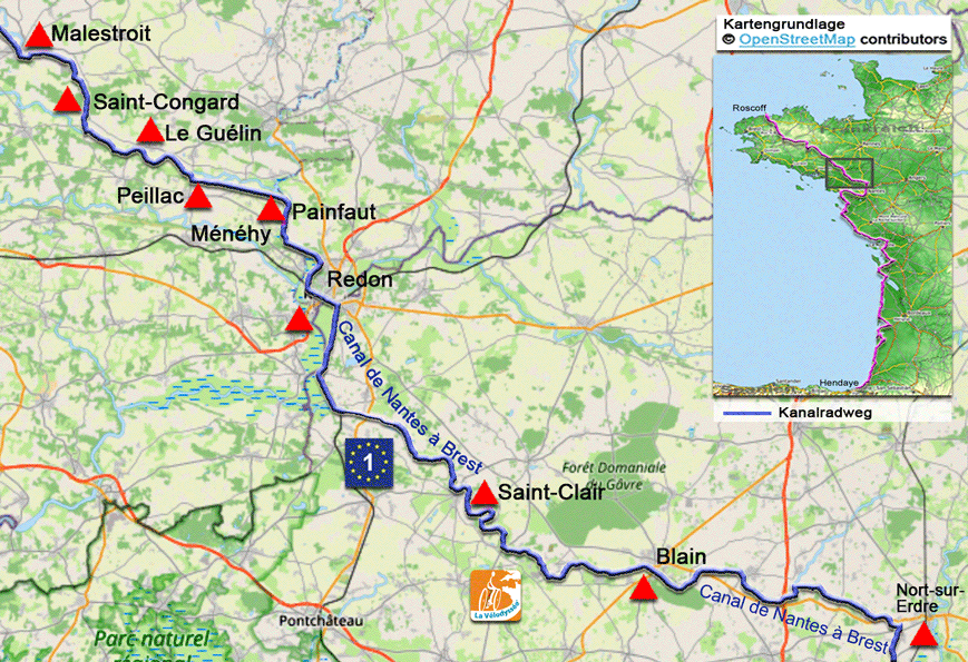 Karte zur Radtour auf dem Eurovelo 1 von Nort-sur-Erdre nach Malestroit