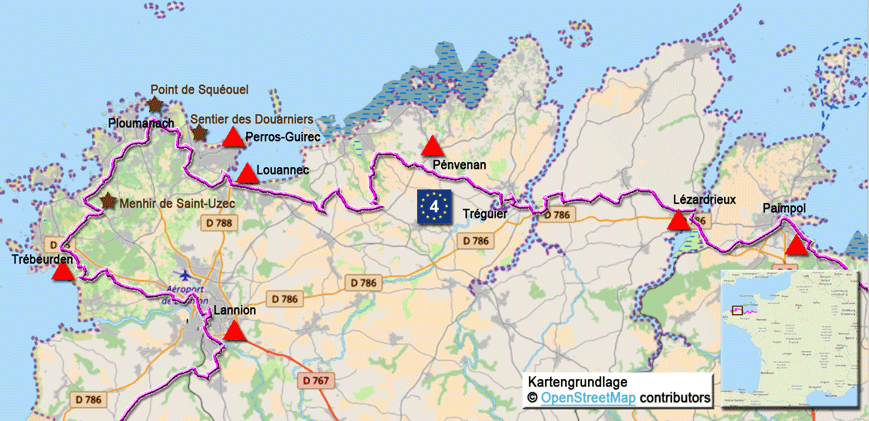 Karte zur Radtour auf dem EV4 von Paimpol nach Lannion