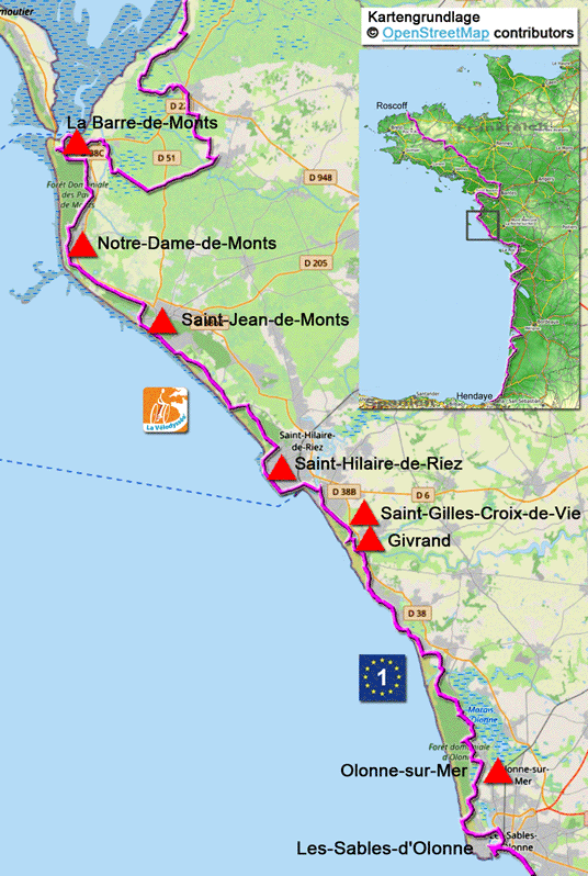 Karte zur Radtour auf dem Eurovelo 1 von Les-Sables-d'Olonne nach La Barre-de-Monts
