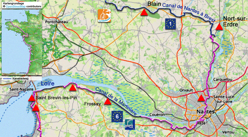 Karte zur Radtour auf dem Eurovelo 1 von Saint Brevin-les-Pin nach Nort-sur-Erdre