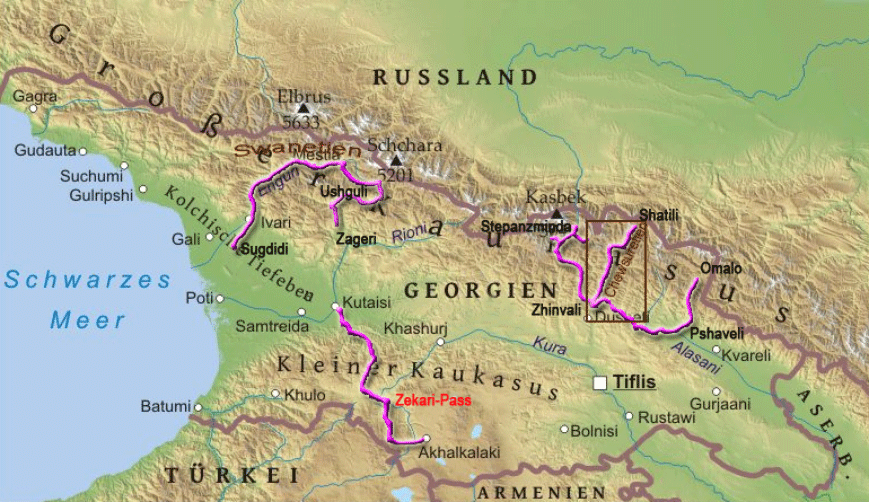 Karte zur Tour von Zigdidi nach Ushguli und weiter nach Zageri