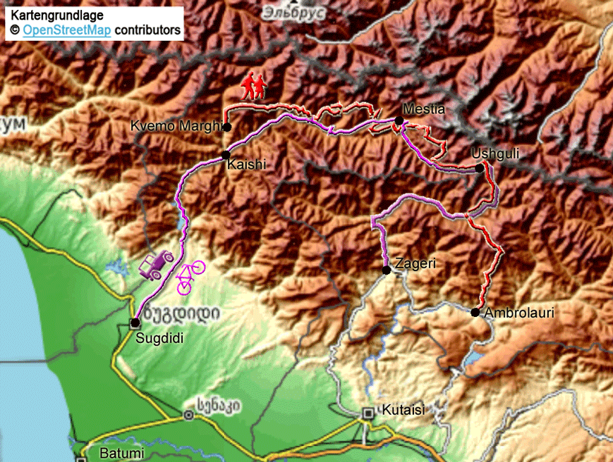 Karte mit Straßenroute von Sigdidi über Ushguli nach Zageri und Fernwanderung von Kvemo Marghi nach Ambrolauri