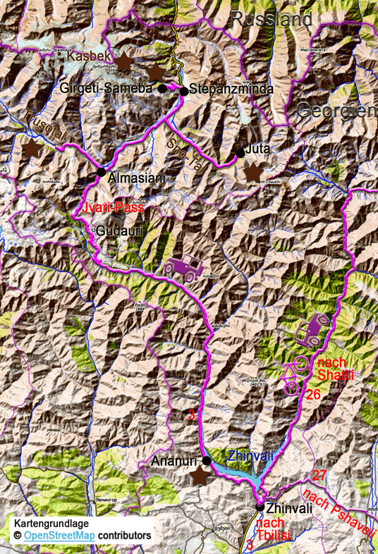 Karte zur Tour über die Alte Heerstraße von Zhinvali nach Stepanzminda