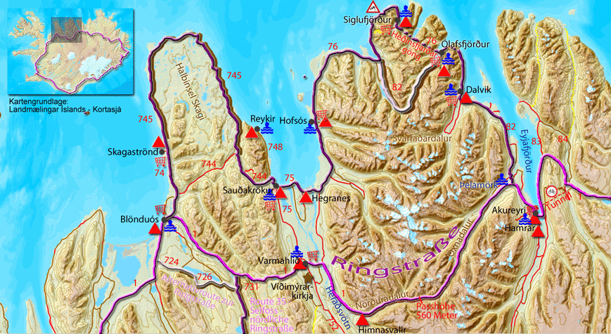 Karte zur Tour durch Island von Akureyri entlang der Küste nach Blönduó