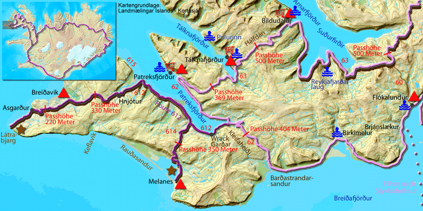 Karte zur Tour nach Látrabjarg und zum Rauðarsandur
