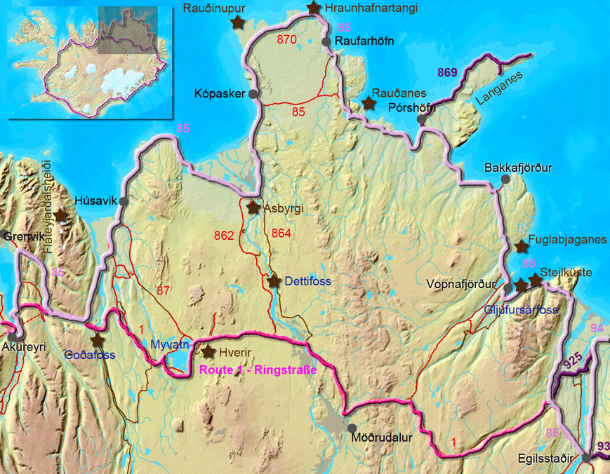 Karte zur Tour von Egilsstaðir nach Akureyri entlang der Nordküste Islands