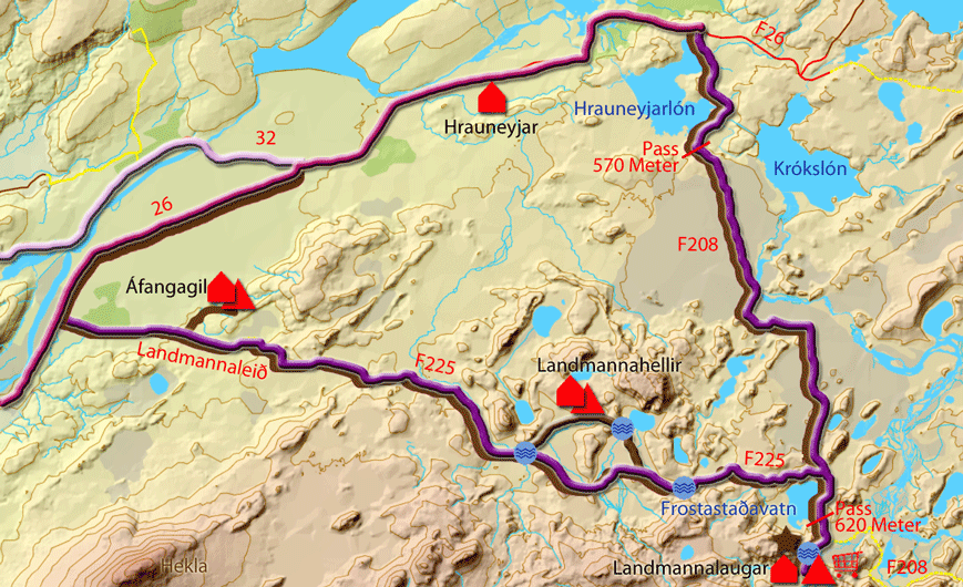 Karte zur Tour von Hrauneyjar über die F208 nach Landmannalaugar und F225 zurück zur 26