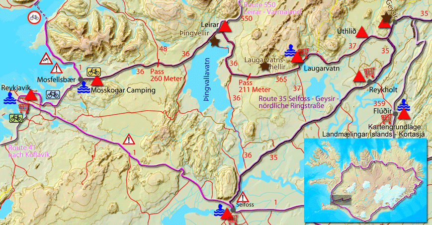 Karte zur Tour vom Geysir über die Straßen 37, 365 und 36 nach Reykjavik