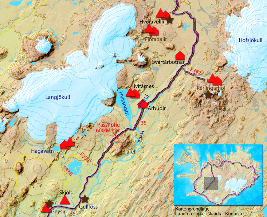 Karte zur Tour über die Straße 35 vom Gullfoss nach Hveravellir