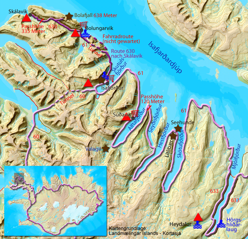 Karte zur Tour von Isafjörður über das Bolafjall nach Skálavik