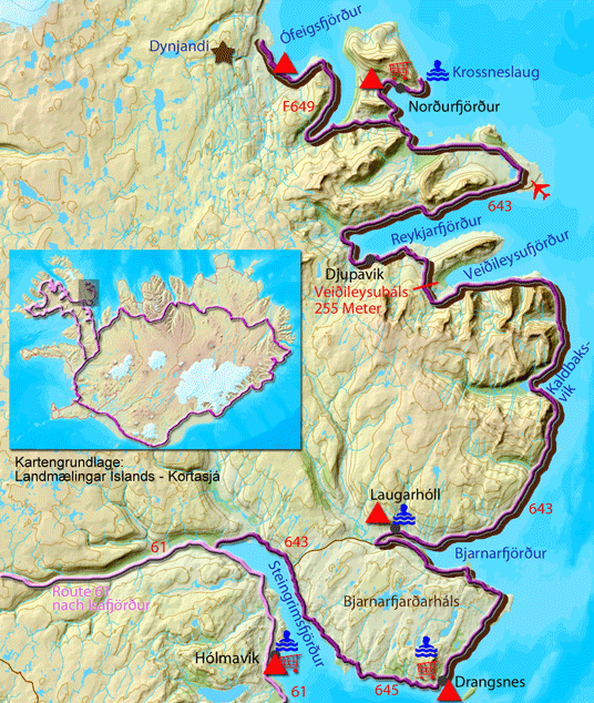 Karte zur Tour über die Straße 643 nach Norðurfjörður