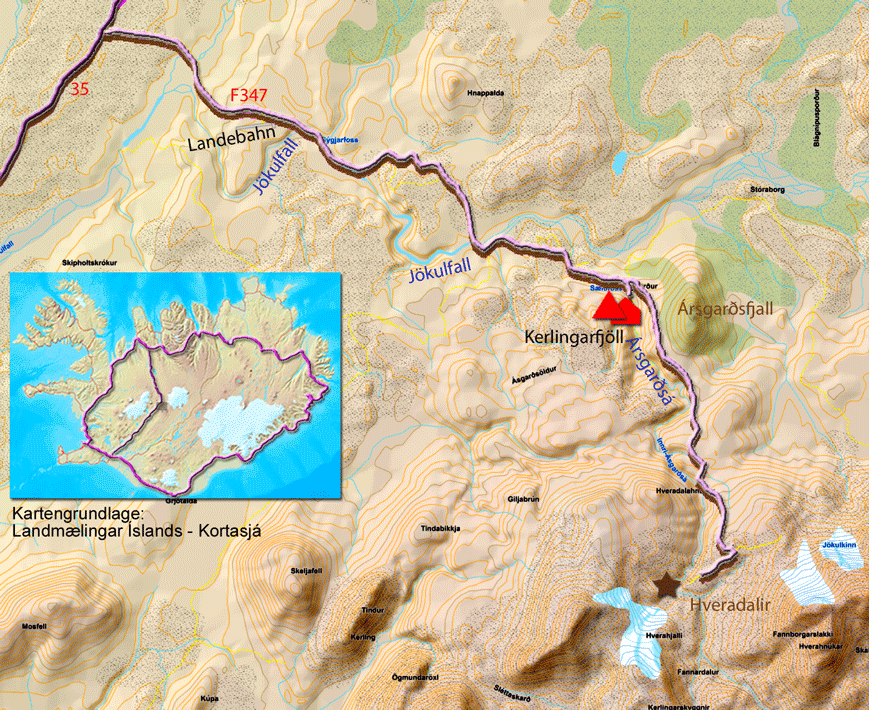 Karte zur Tour über die F347 zum Kerlingarfjöll und nach Hveradalir