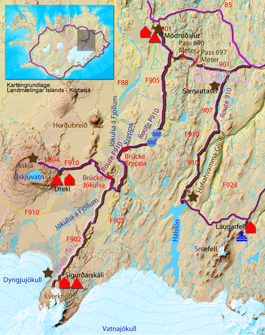 Bild: Karte zur Tour über die F902 zum Kverkfjöll