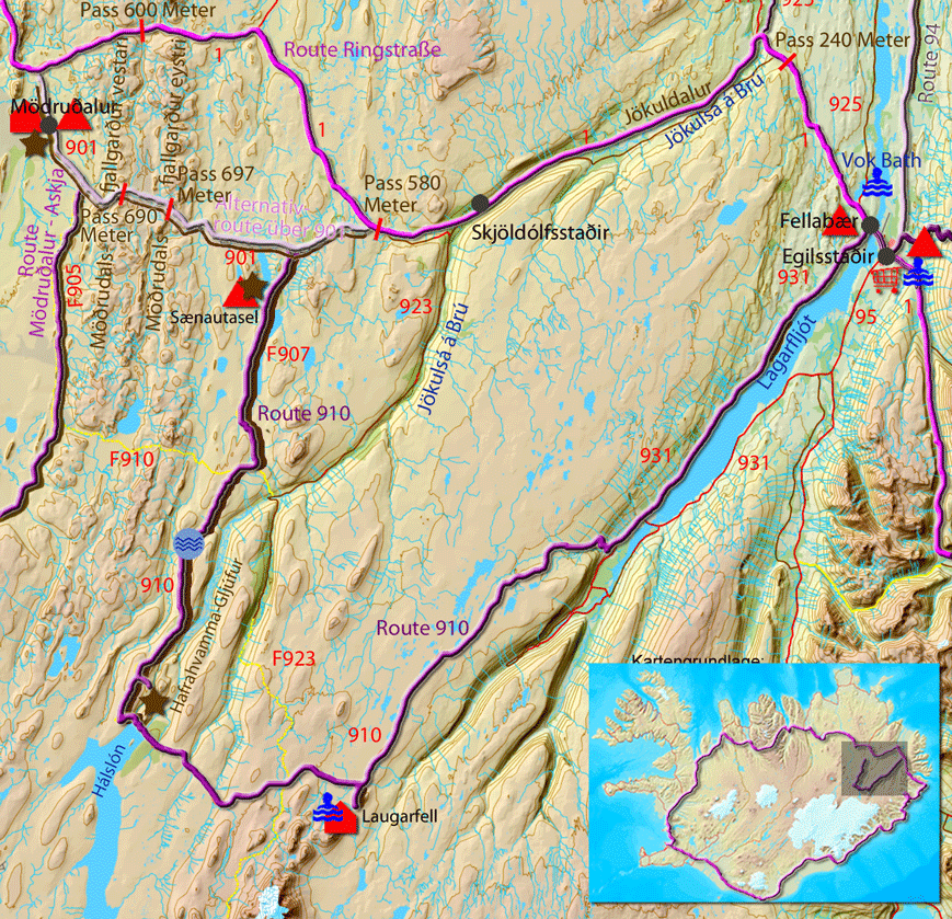 Bild: Höhendiagramm zur Tour durch Island von Laugafell über die Straße 910 und Piste F907 zur Piste 901