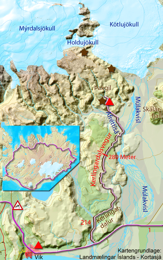 Karte zur Tour über den Kerlingardalsvegur zum Þakgil