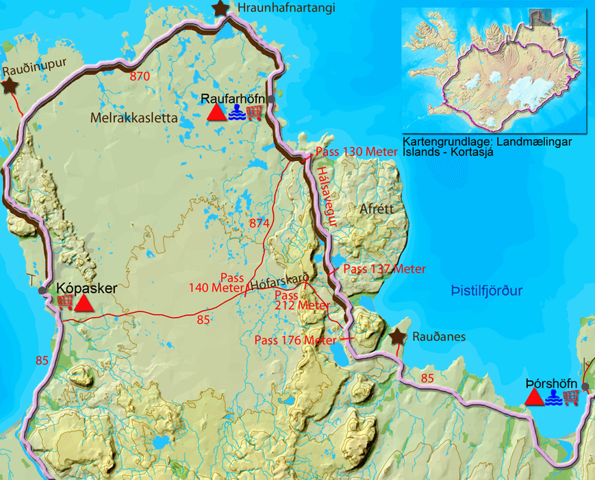 Karte zur Tour von Þórshöfn nach Kópasker