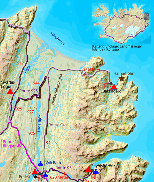 Karte zur Tour von Egilsstaðir nach Bakkagerði