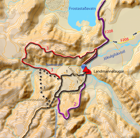 Karte mit Wanderungen in Landmannalaugar