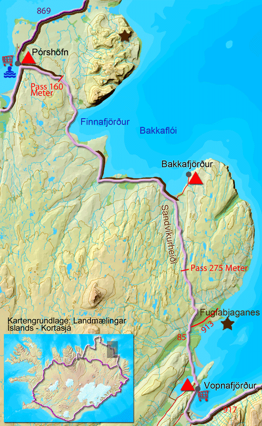 Karte zur Tour von Vopnafjörður nach Pórshöfn