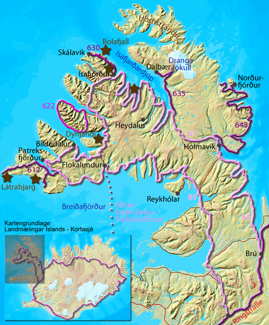 Karte zur Rundfahrt durch die Westfjorde Islands