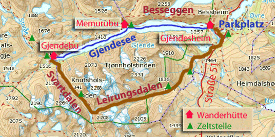 Karte Norwegen, Jotunheimen, Leirungsdalen