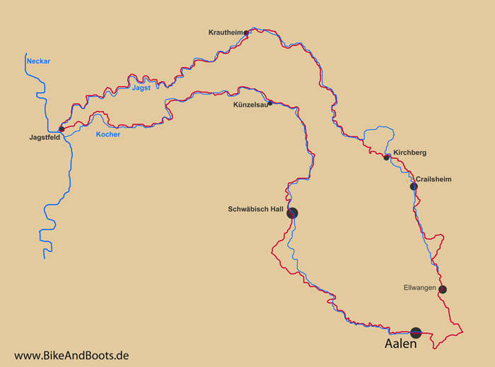 Karte zum Kocher-Jagst-Radweg