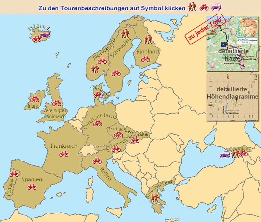 Übersichtskarte mit Touren in Europa