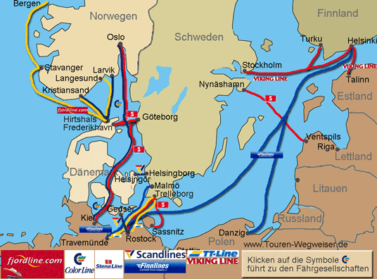 Karte mit Fährverbindungen nach Skandinavien