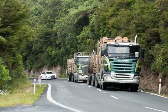 Holztransporter auf kurviger Straße