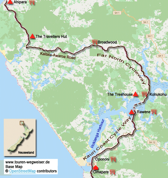 Karte zur Radtour von Ahipara nach Omapere