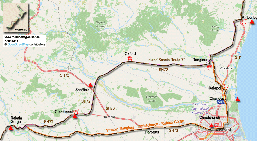 Karte zur Radtour von Amberley zur Rakaia Gorge