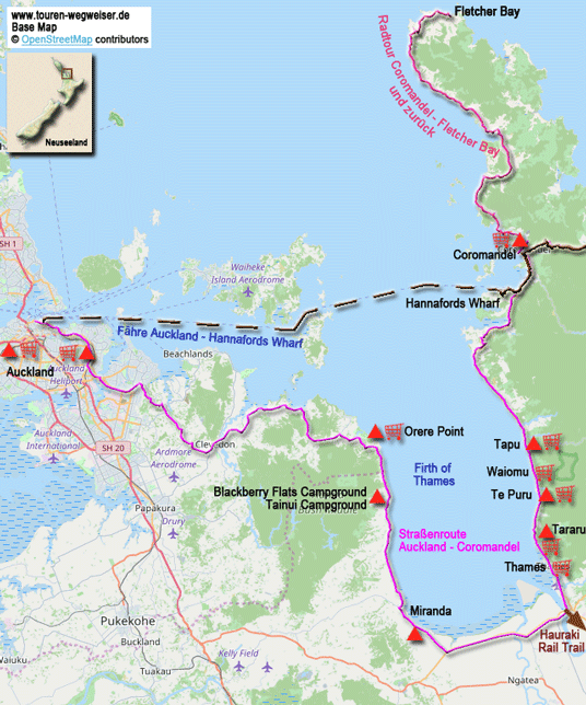 Karte zur Radtour von Auckland nach Coromandel