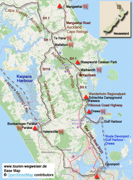 Karte zur Radtour von Auckland nach Mangawhai