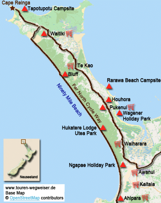 Karte zur Radtour vom Cape Reina nach Ahipara