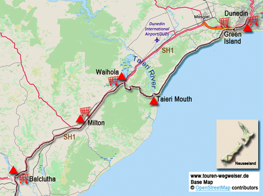 Karte zur Radtour von Balclutha nach Dunedin