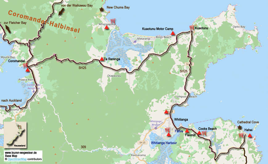 Karte zur Radtour von Coromandel nach Hahei