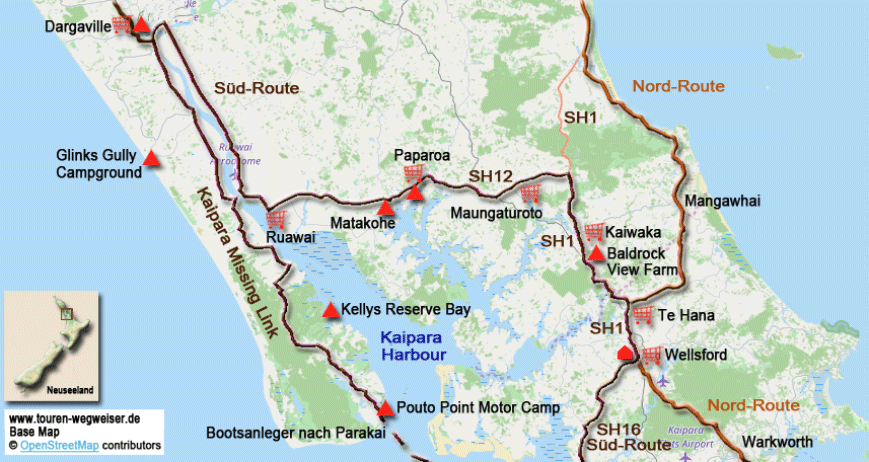 Karte zur Radtour von Dargaville nach Wellsford und zum Radweg Kaipara Missing Link von Dargaville über Pouto Point nach Dargaville