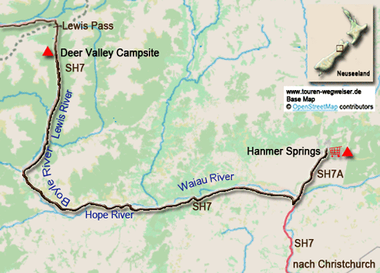 Karte zur Radtour vom Deer Valley Campsite nach Hanmer Springs