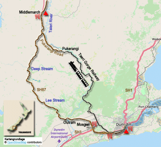 Karte zur Radtour von Dunedin nach Middlemarch