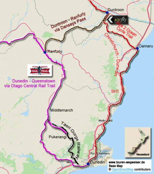 Übersichtskarte mit Touralternativen zwischen Duntroon, Ranfurly und Dunedin